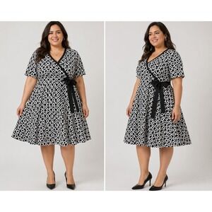 Nine West Women Wrap Dress XL Black White Geometric Midi Modern Chic Old Money